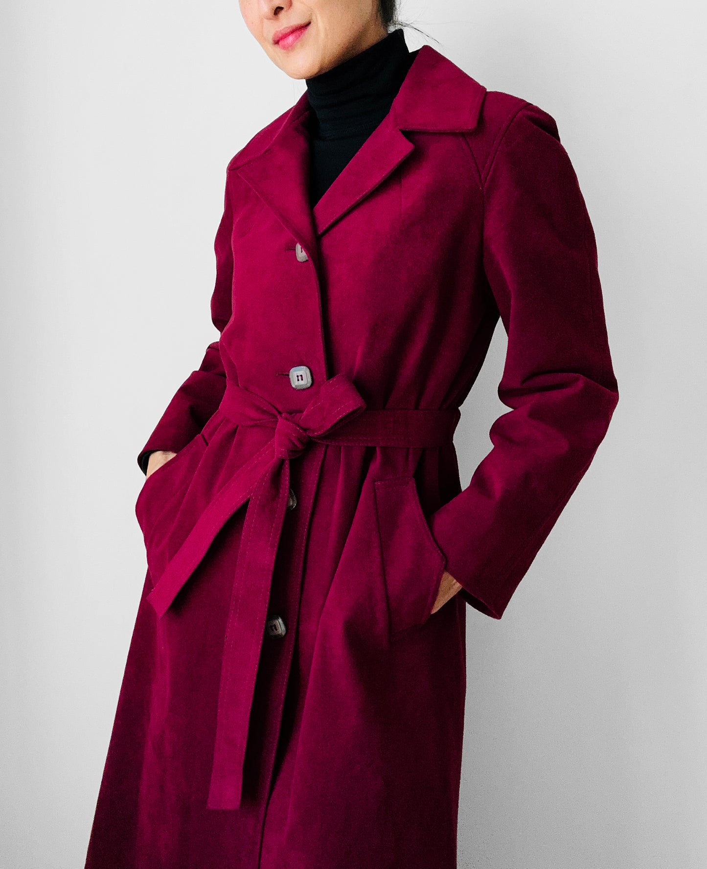 1970s Deep Wine Microfibre Faux Leather Belted Trench Coat - S/M