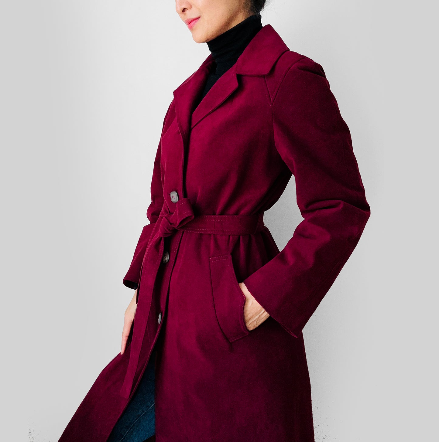 1970s Deep Wine Microfibre Faux Leather Belted Trench Coat - S/M