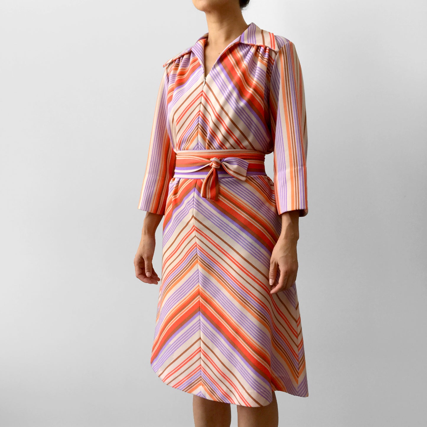 1970s Multi-Coloured Stripe Zip-Front Bell-Sleeve Collared Belted Knee-Length Dress