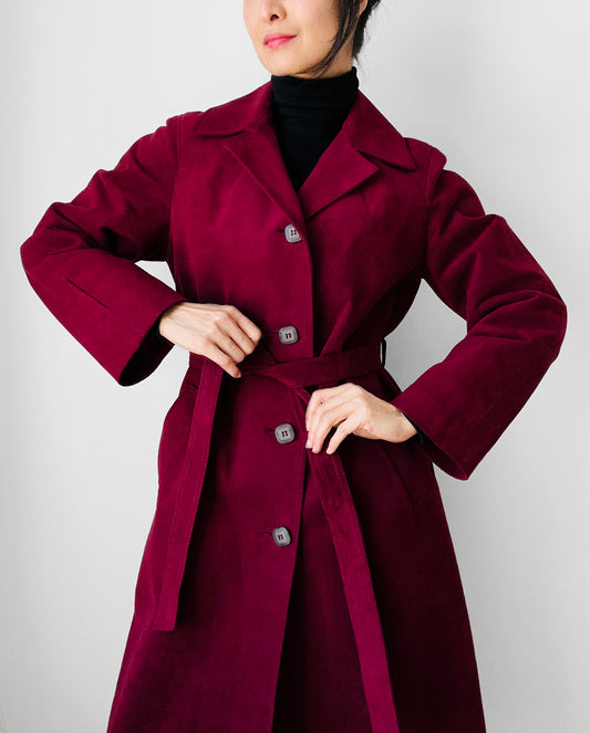 1970s Deep Wine Microfibre Faux Leather Belted Trench Coat - S/M