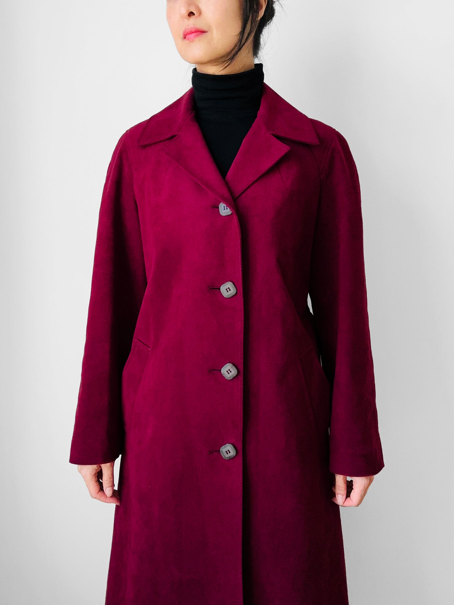 1970s Deep Wine Microfibre Faux Leather Belted Trench Coat - S/M