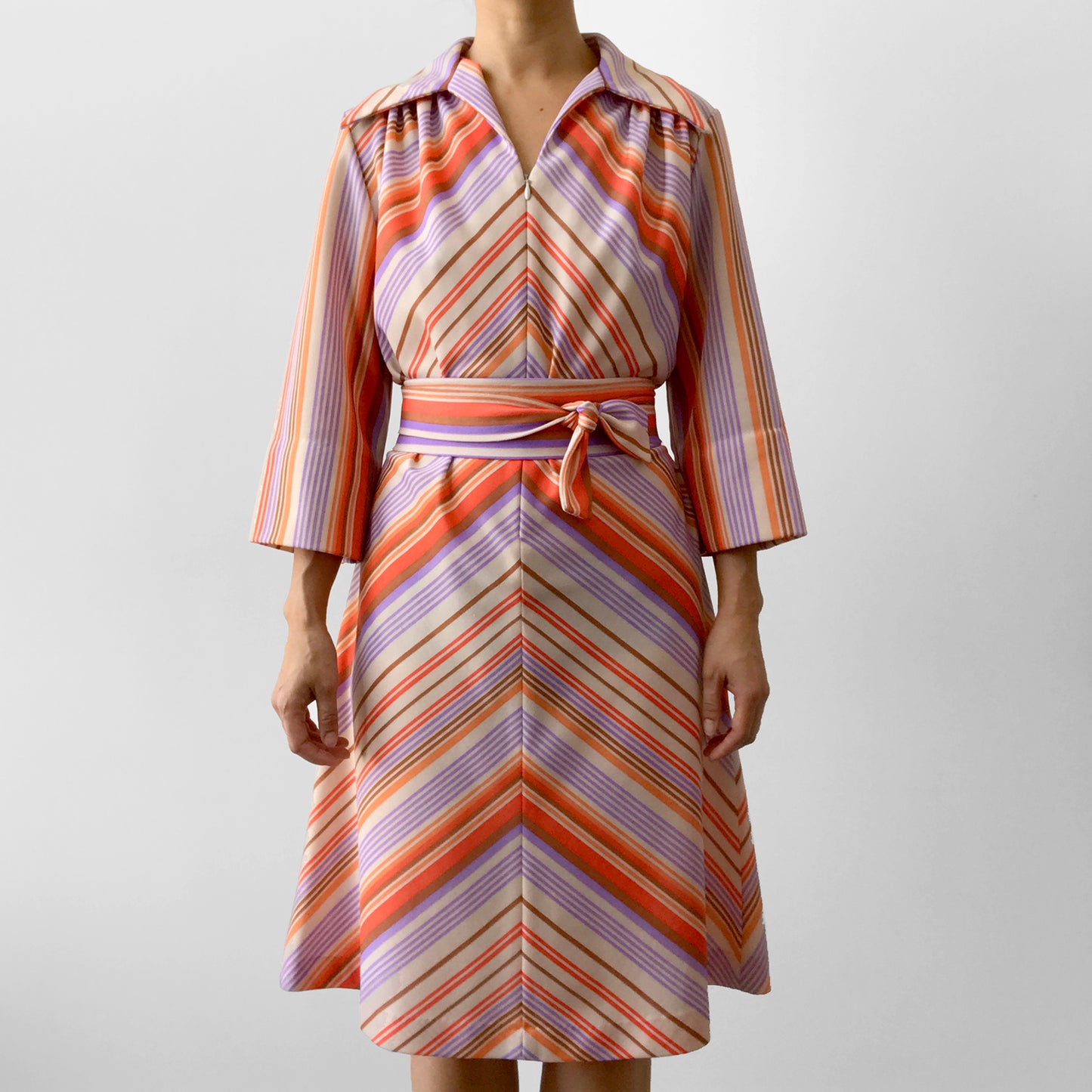 1970s Multi-Coloured Stripe Zip-Front Bell-Sleeve Collared Belted Knee-Length Dress