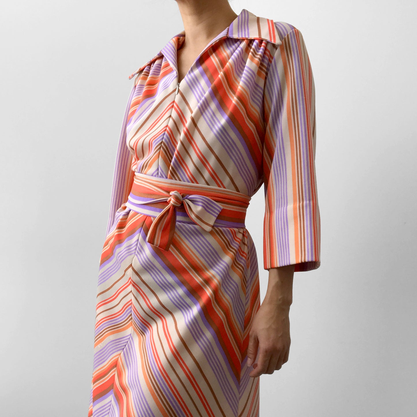 1970s Multi-Coloured Stripe Zip-Front Bell-Sleeve Collared Belted Knee-Length Dress