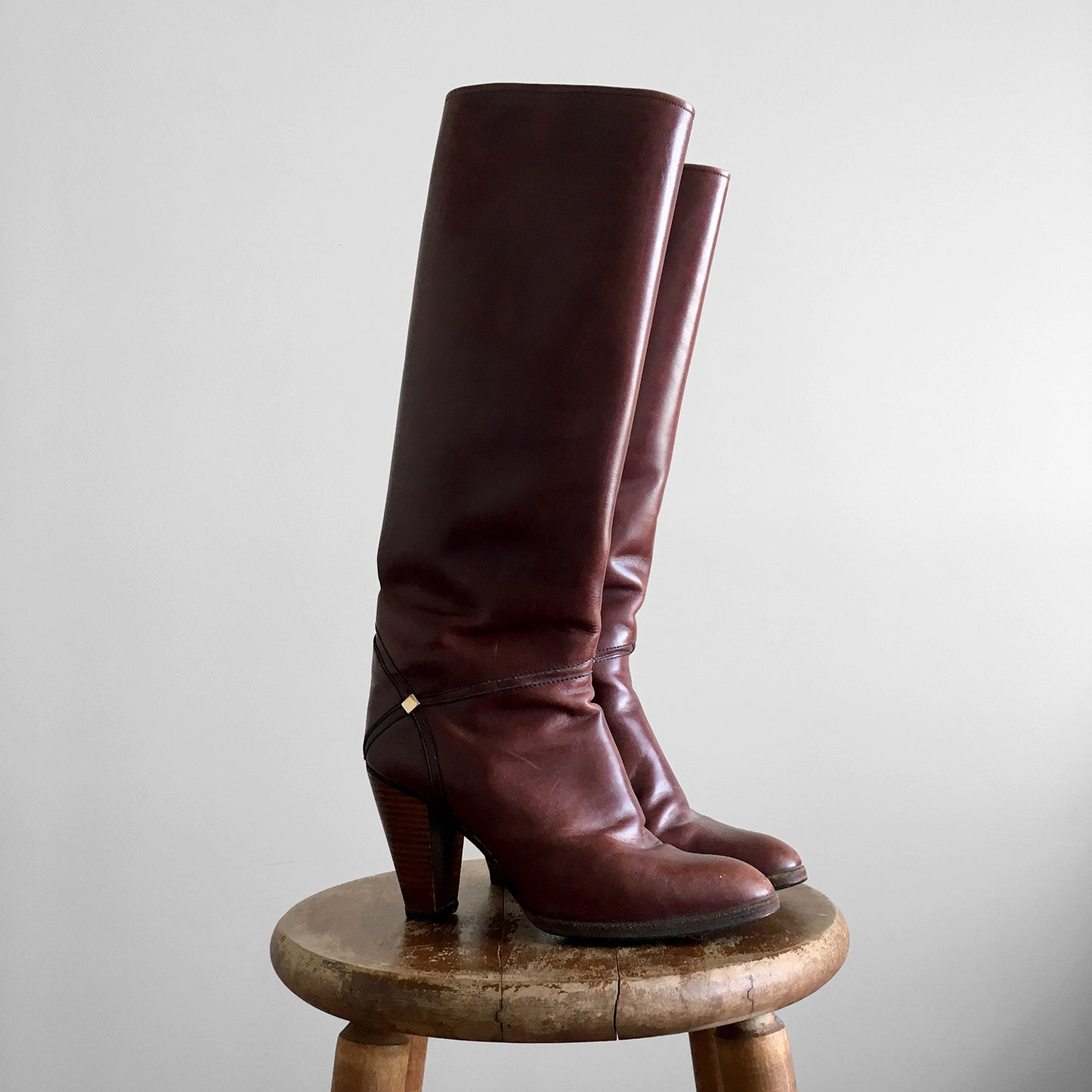 Vintage, Burgundy, Auburn, Brown, Wood-Heeled, High-Heeled, Knee-High, Leather, Boots