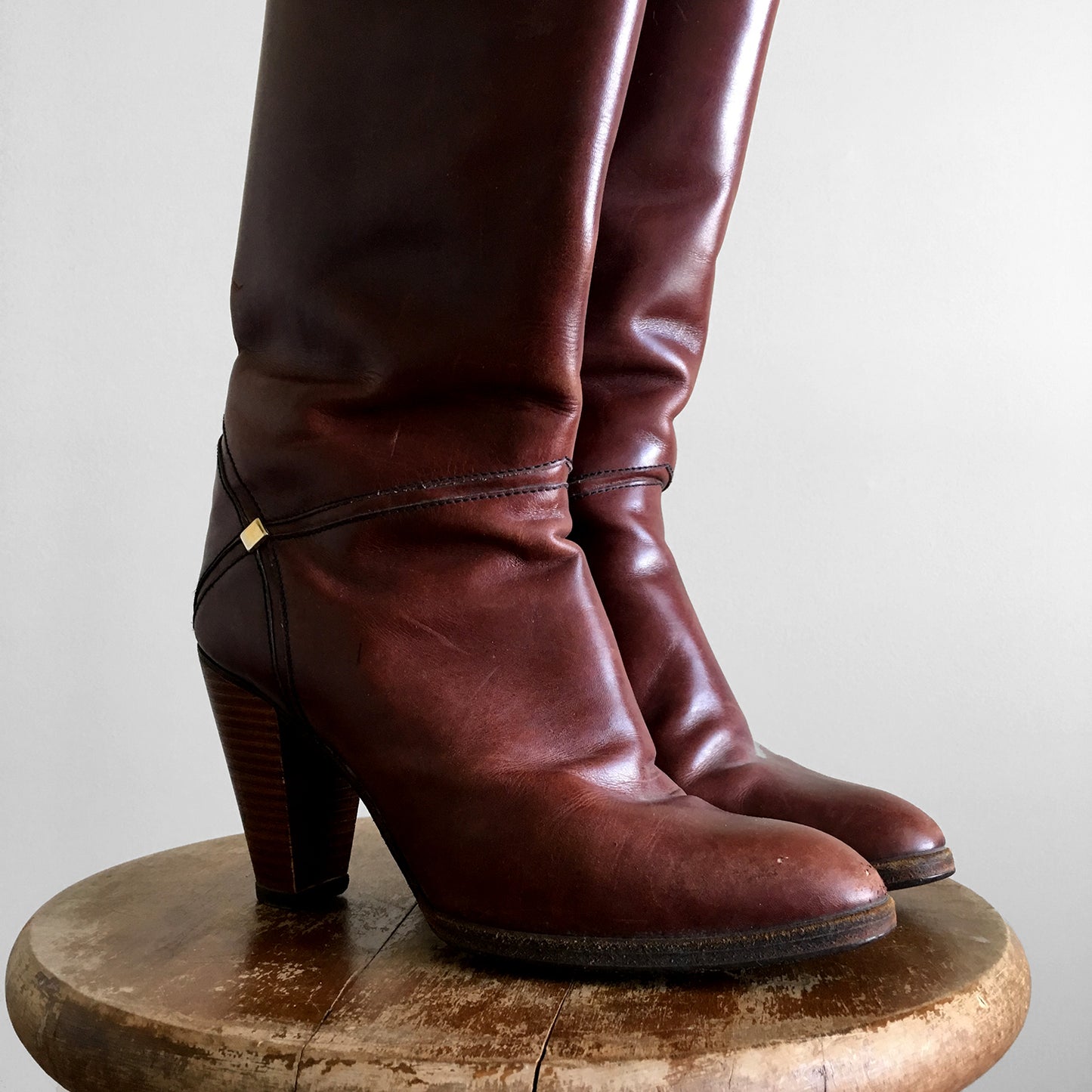 Vintage, Burgundy, Auburn, Brown, Wood-Heeled, High-Heeled, Knee-High, Leather, Boots