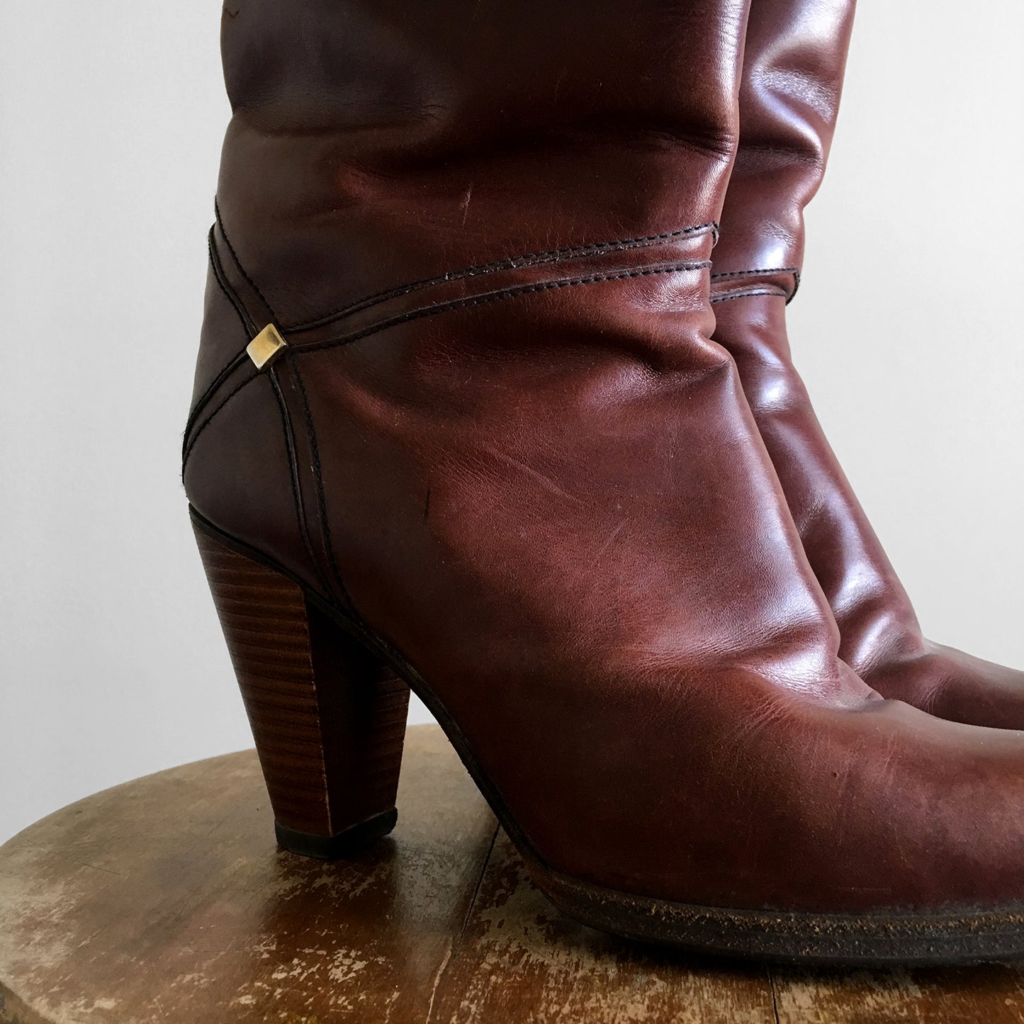 Vintage, Burgundy, Auburn, Brown, Wood-Heeled, High-Heeled, Knee-High, Leather, Boots