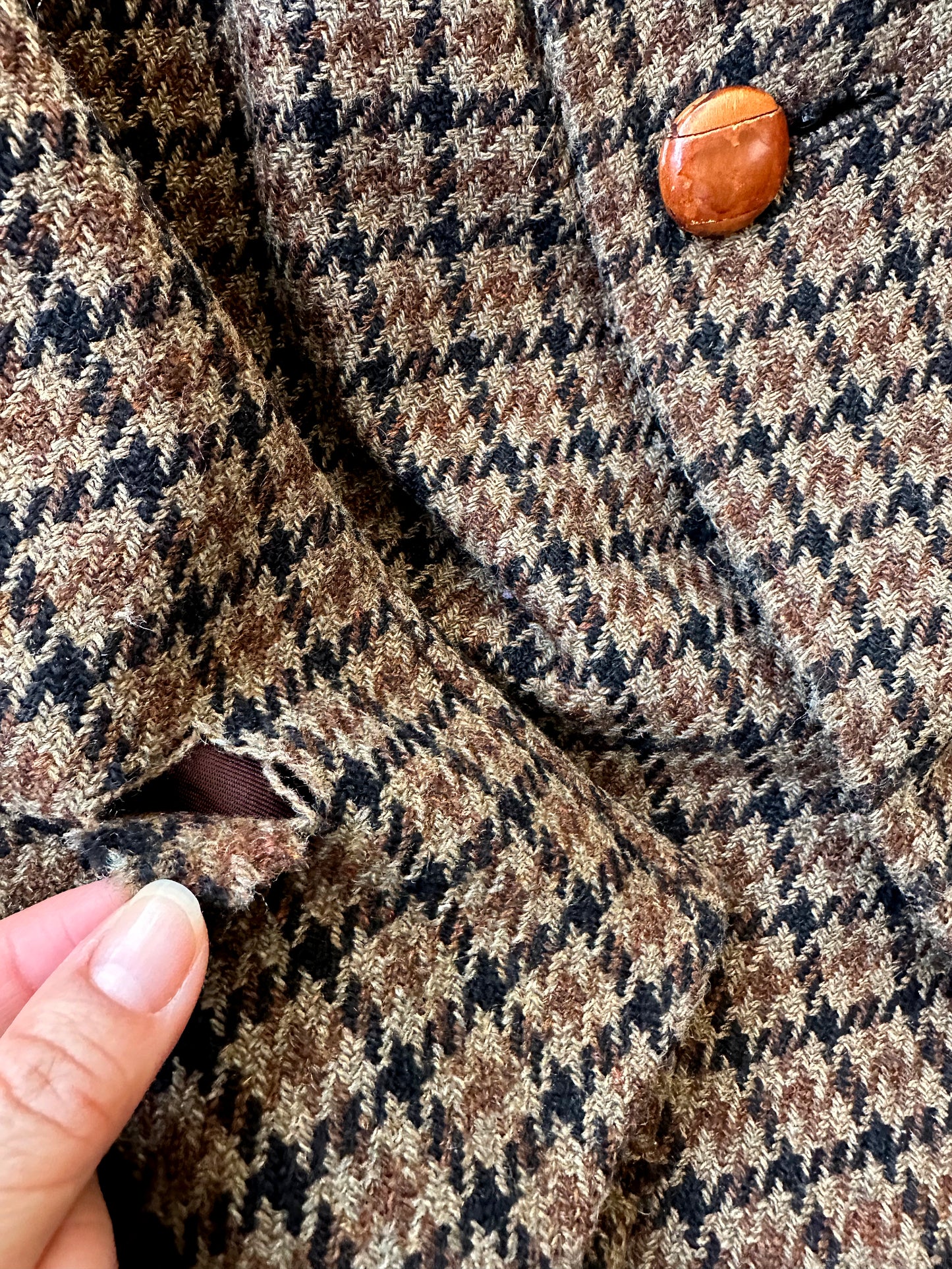 1950s Wool Houndstooth Plaid Double-Breasted Leather Button Jacket