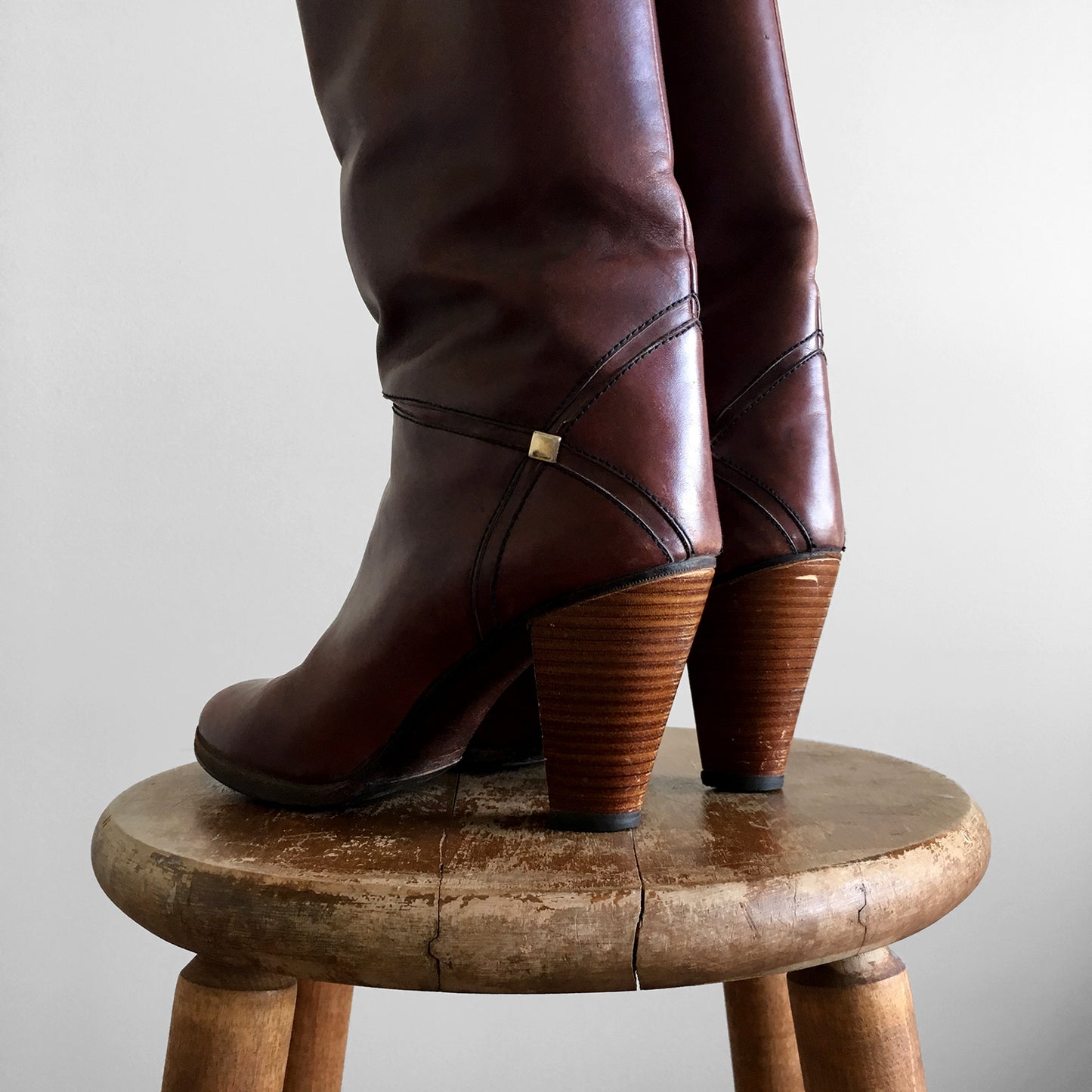 Vintage, Burgundy, Auburn, Brown, Wood-Heeled, High-Heeled, Knee-High, Leather, Boots