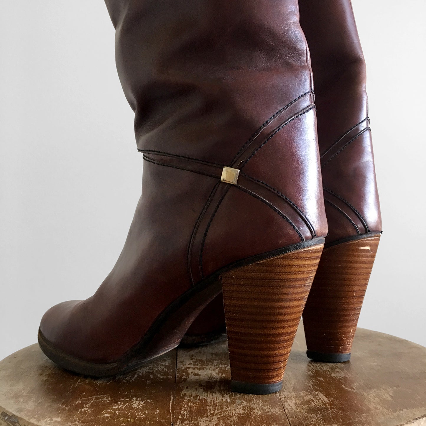 Vintage, Burgundy, Auburn, Brown, Wood-Heeled, High-Heeled, Knee-High, Leather, Boots