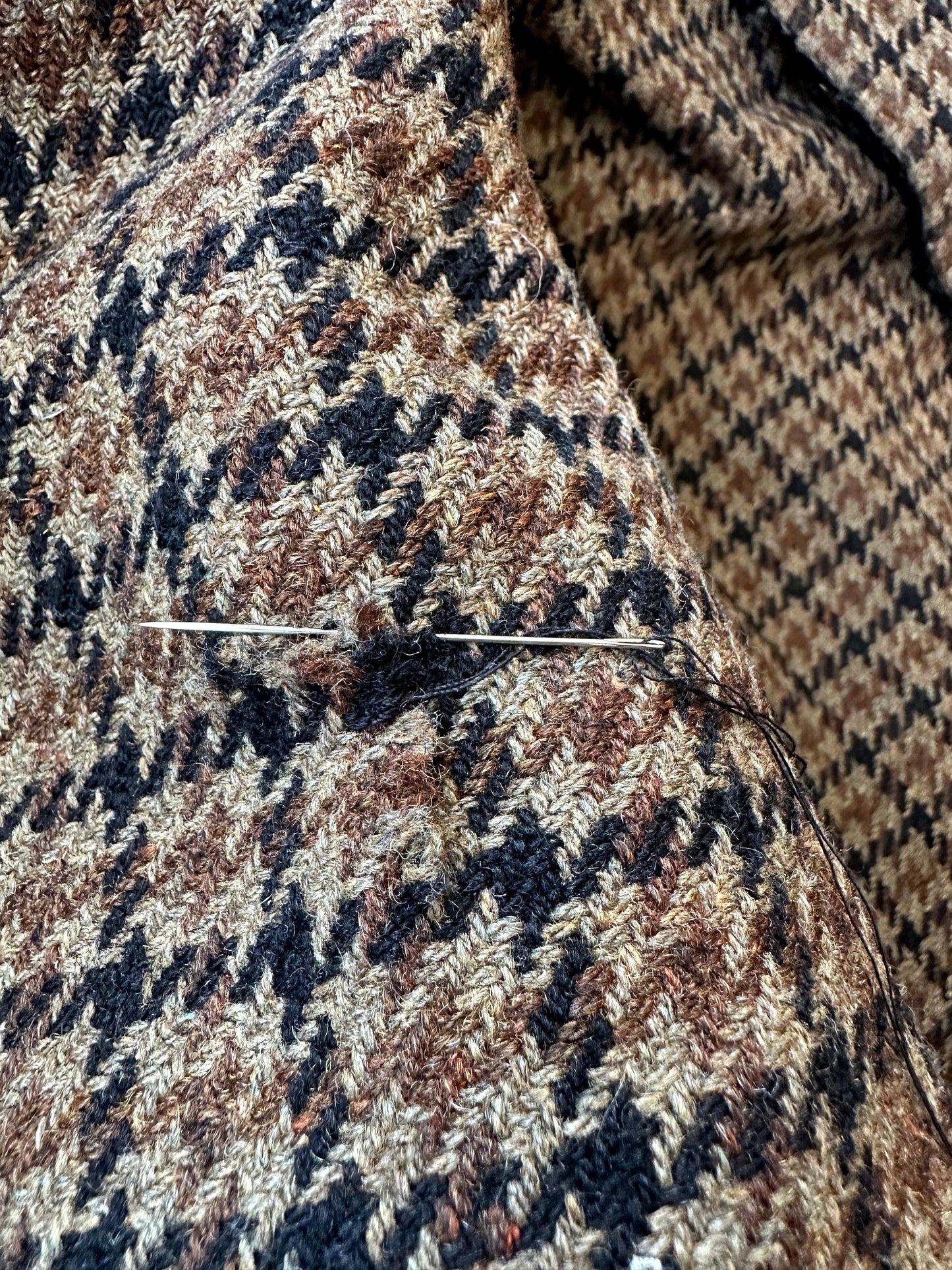 1950s Wool Houndstooth Plaid Double-Breasted Leather Button Jacket