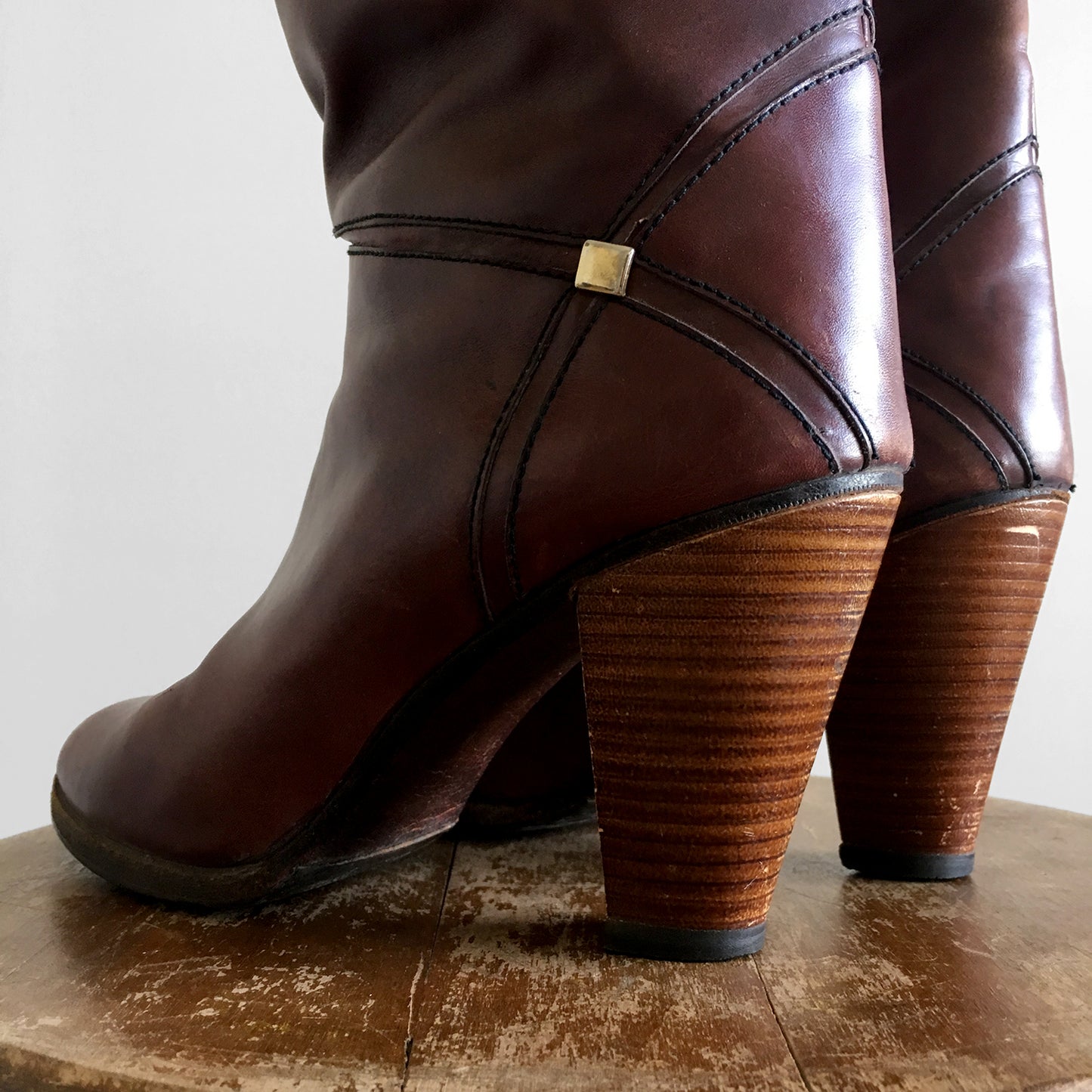 Vintage, Burgundy, Auburn, Brown, Wood-Heeled, High-Heeled, Knee-High, Leather, Boots