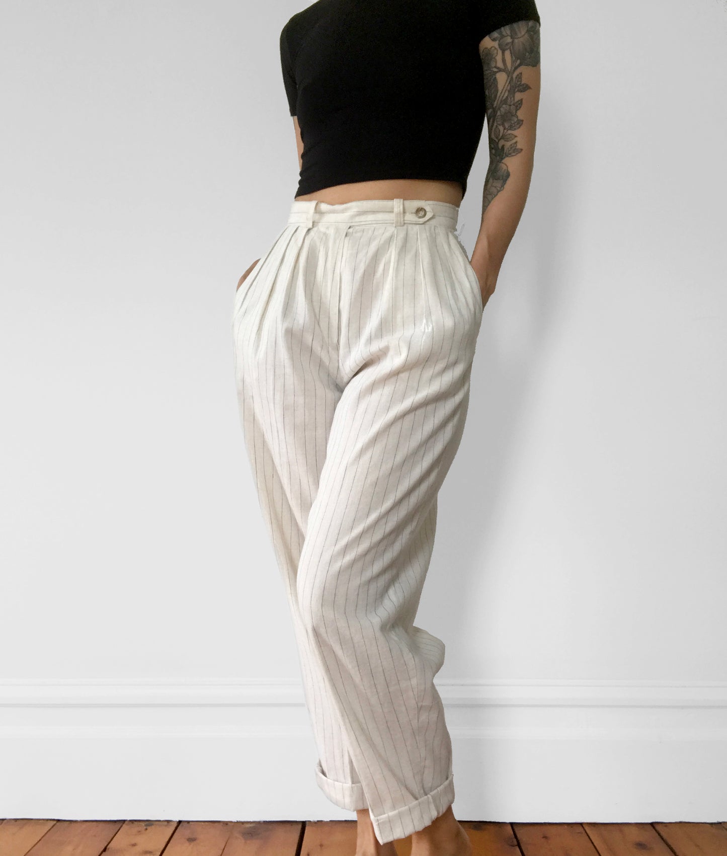 1980s Calvin Klein Cotton Linen High-Waisted Pleated Pinstripe Pants