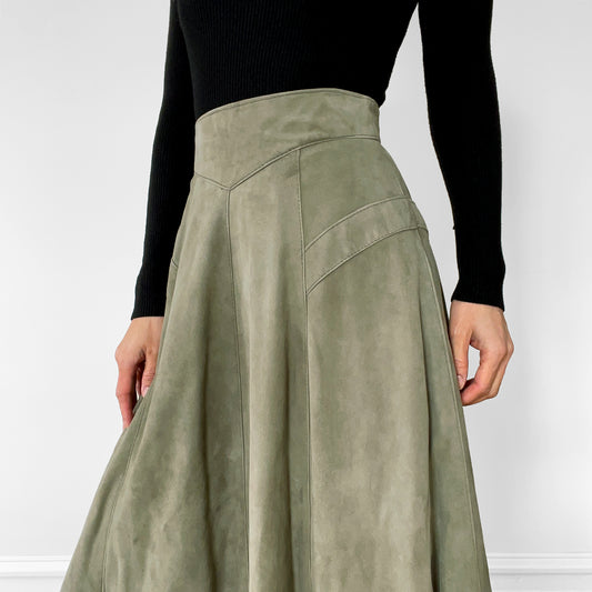 1980s Sage Green Faux-Suede Fit and Flare Skirt