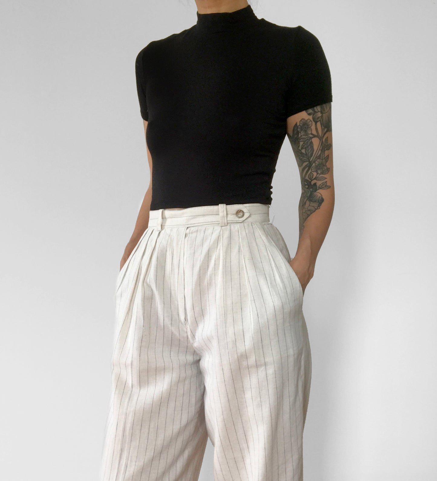 1980s Calvin Klein Cotton Linen High-Waisted Pleated Pinstripe Pants