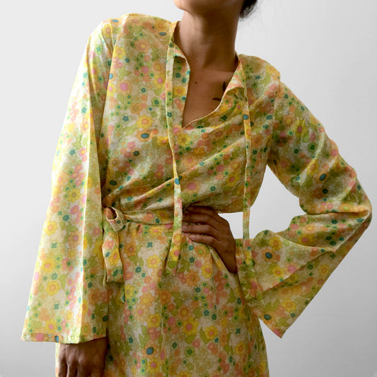 1970s Lightweight Floral Bell-Sleeve Belted Summer Dress