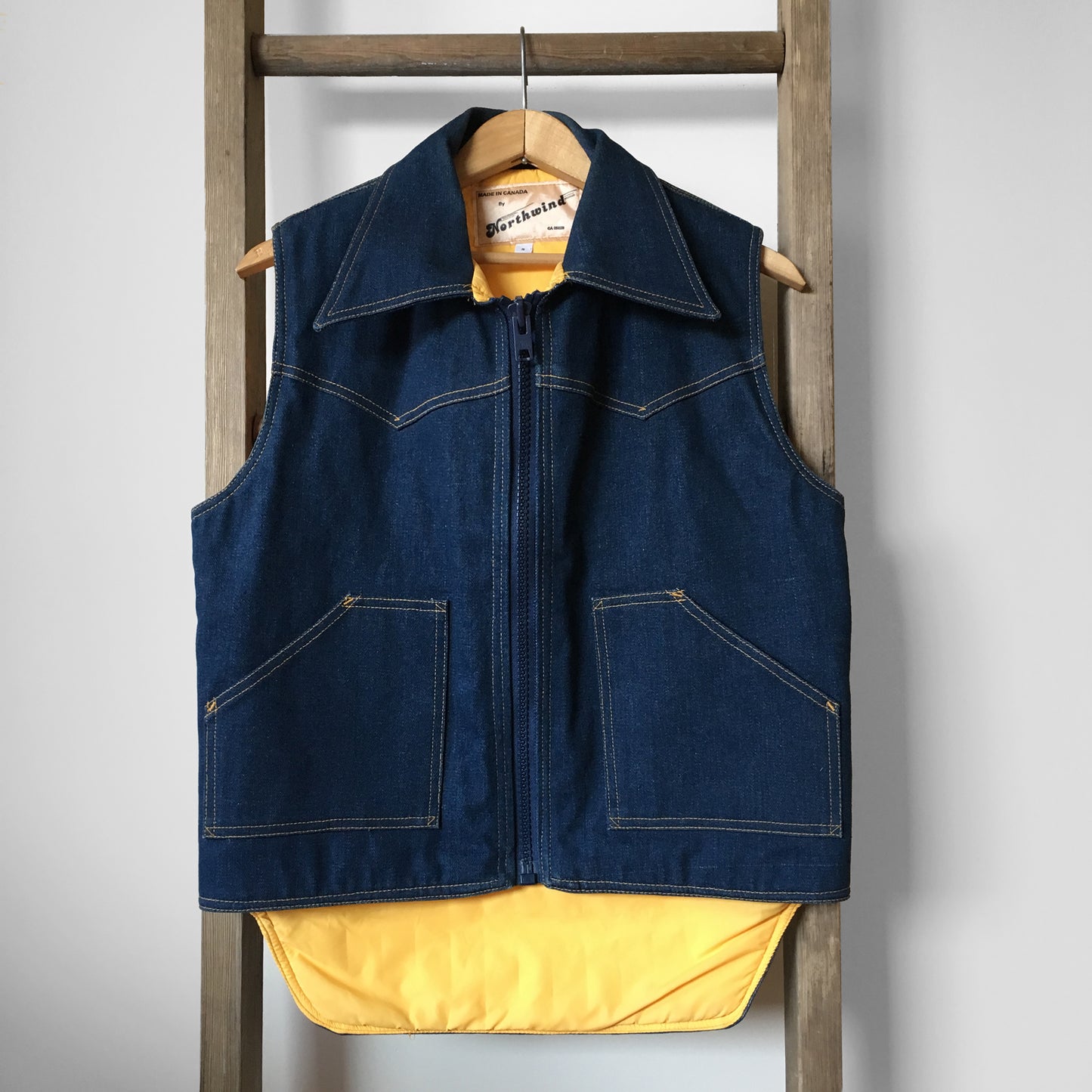 1970s Dark Denim Quilted Yellow Interior Zip Front Vest