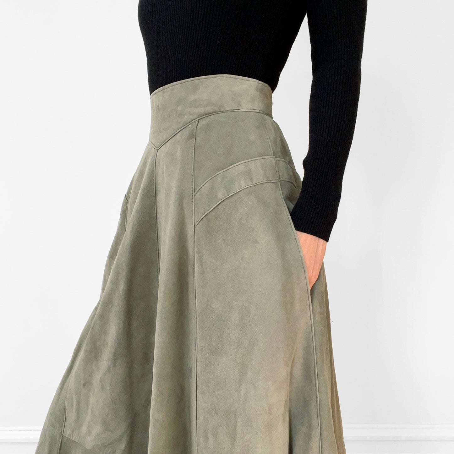 1980s Sage Green Faux-Suede Fit and Flare Skirt