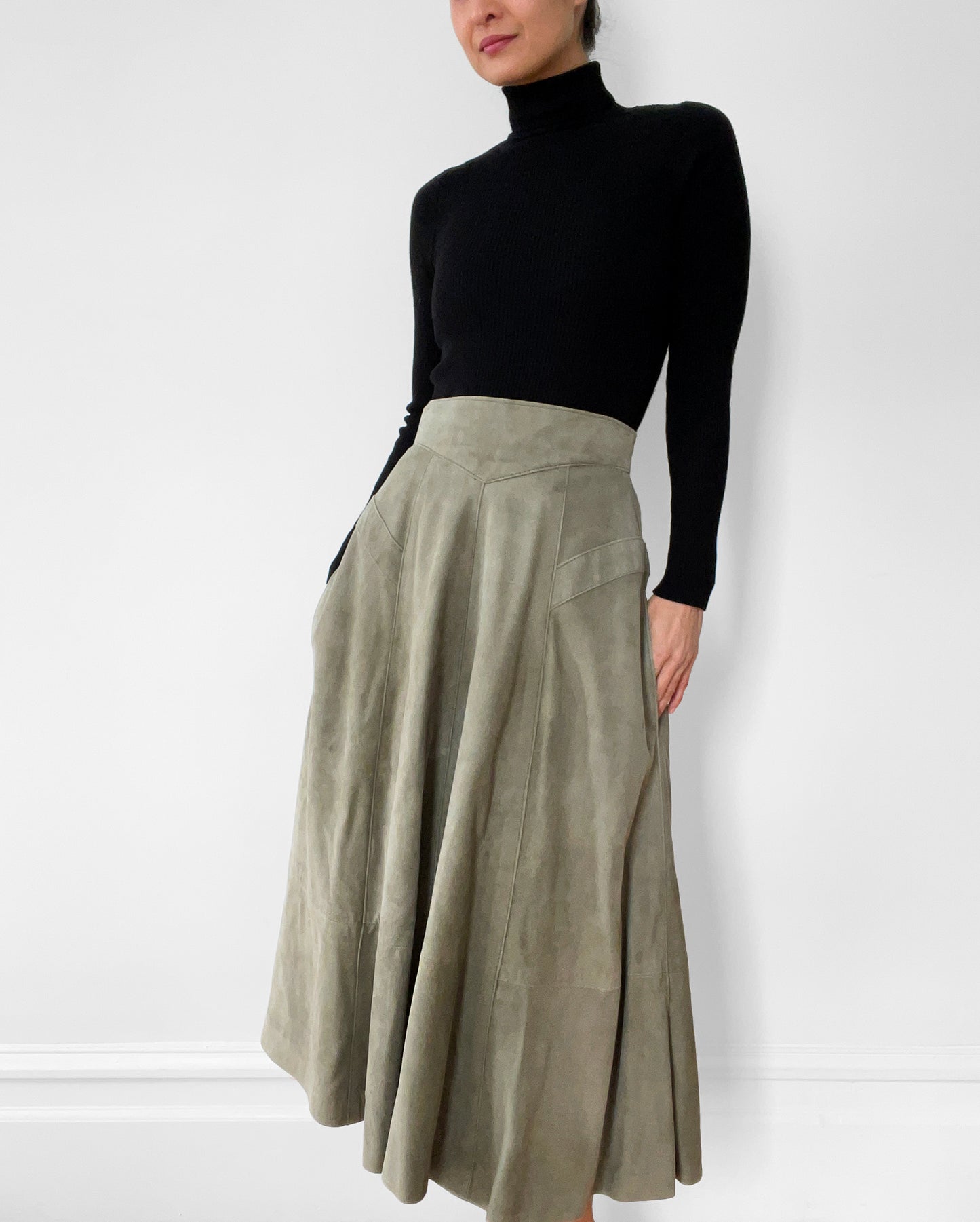 1980s Sage Green Faux-Suede Fit and Flare Skirt