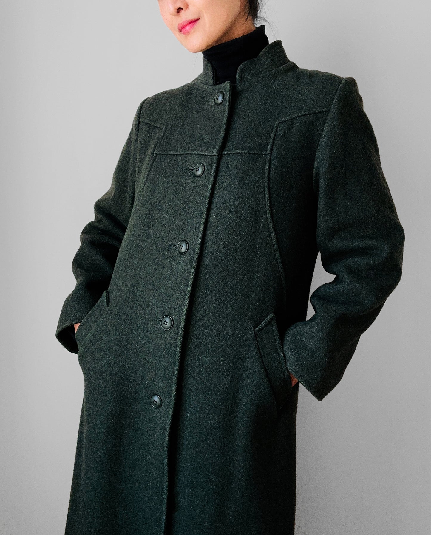 1960s Made in Canada Army Green Wool Blend Military Style Midi-Length A-Line Coat - Sz. S