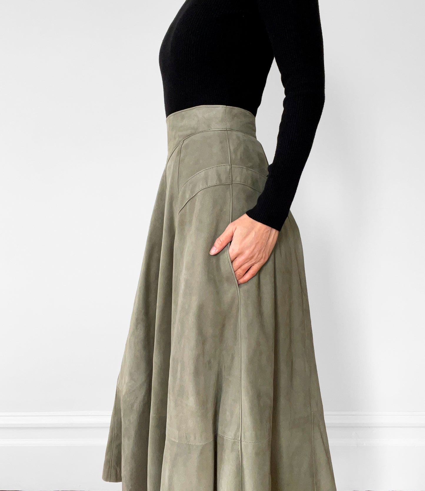 1980s Sage Green Faux-Suede Fit and Flare Skirt