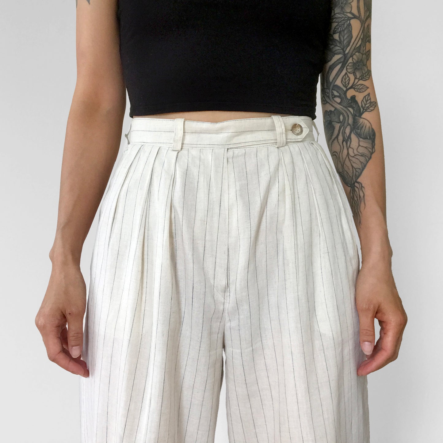 1980s Calvin Klein Cotton Linen High-Waisted Pleated Pinstripe Pants