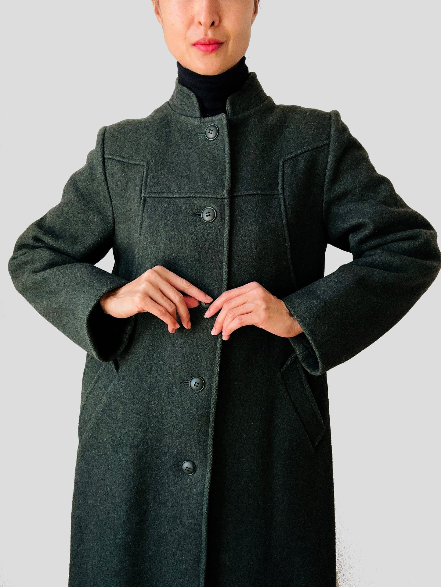 1960s Made in Canada Army Green Wool Blend Military Style Midi-Length A-Line Coat - Sz. S