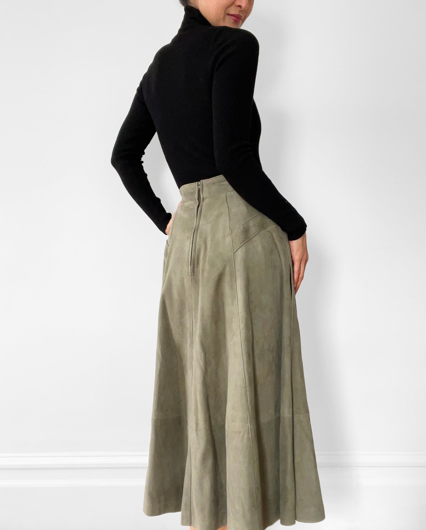 1980s Sage Green Faux-Suede Fit and Flare Skirt