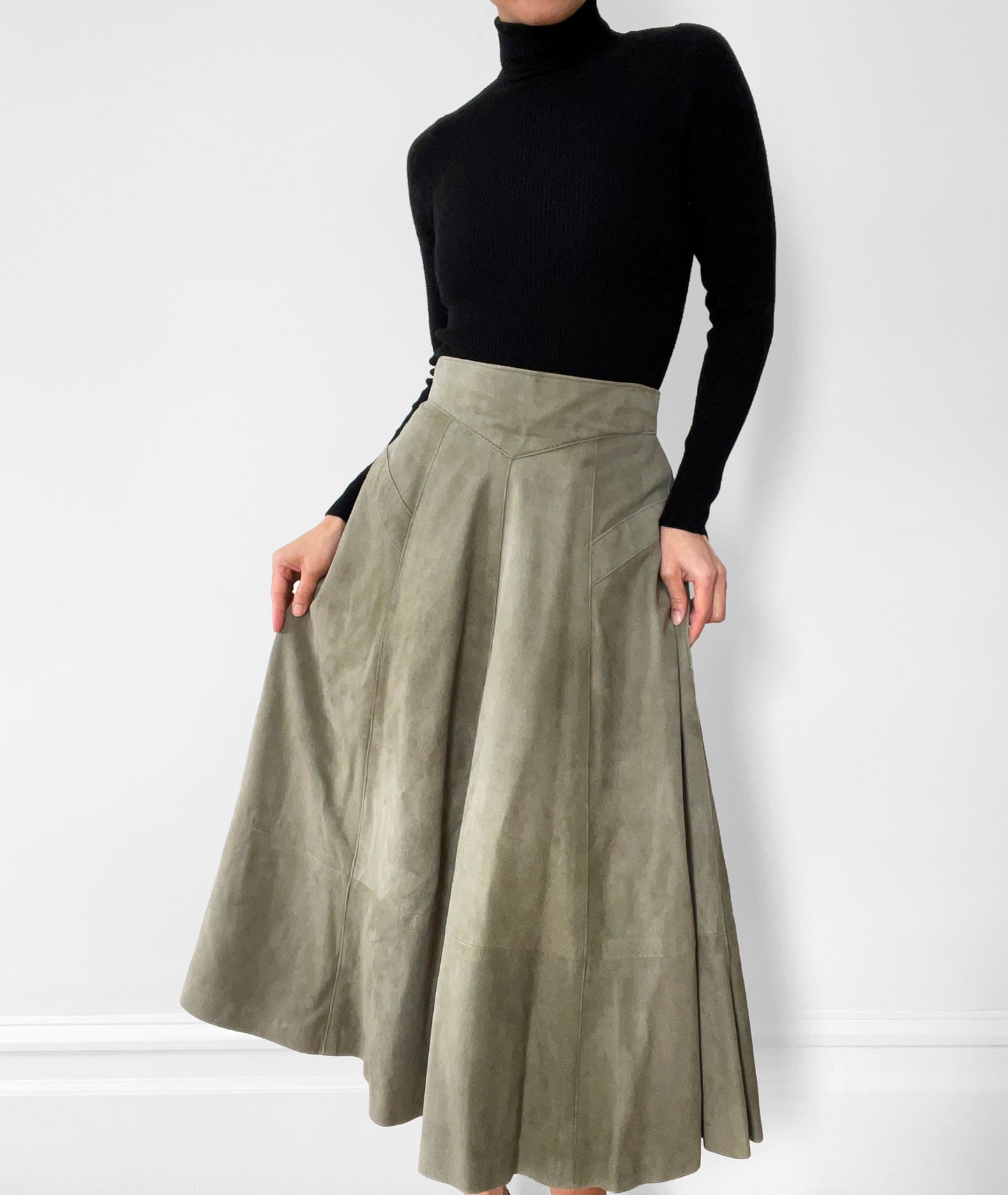 1980s Sage Green Faux-Suede Fit and Flare Skirt