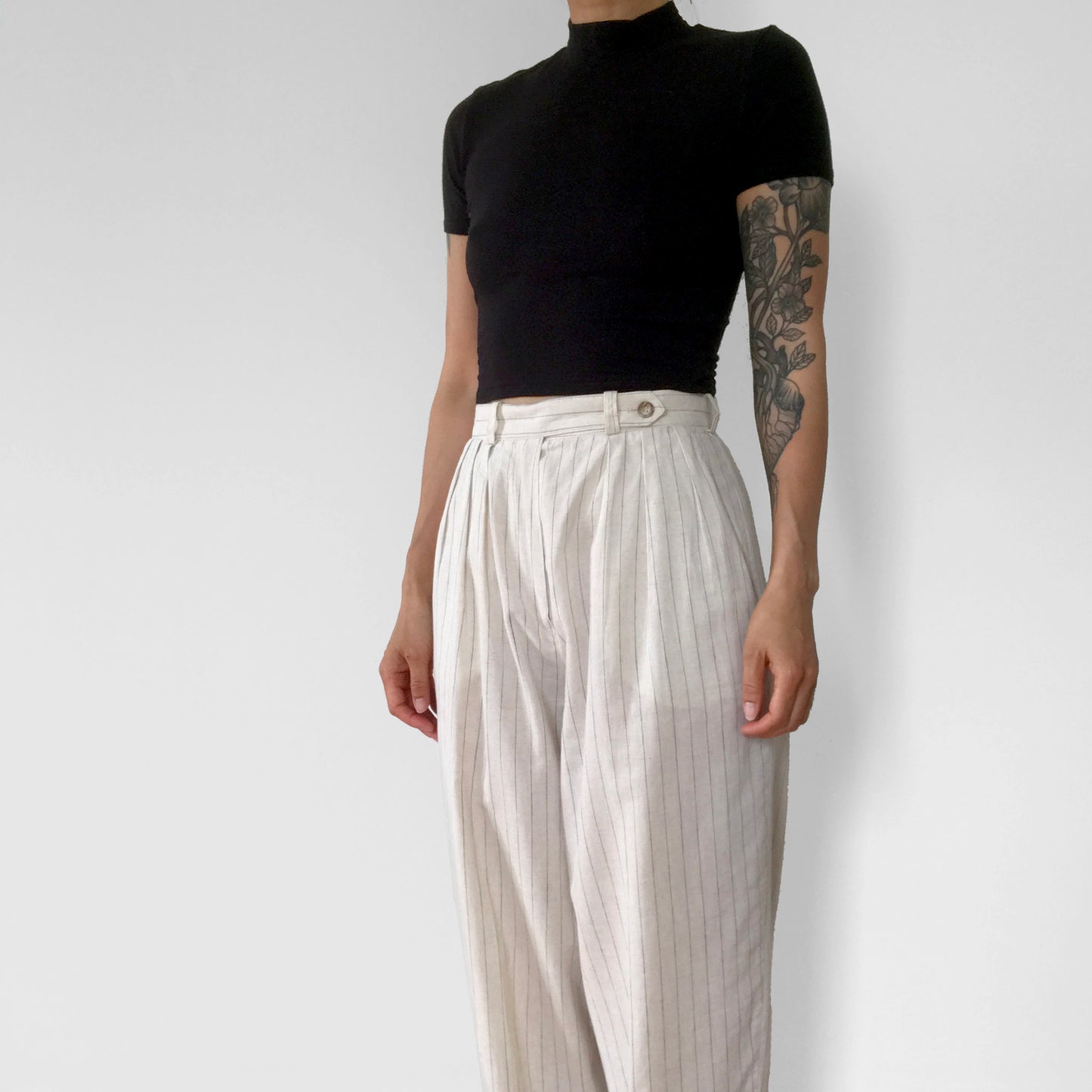 1980s Calvin Klein Cotton Linen High-Waisted Pleated Pinstripe Pants