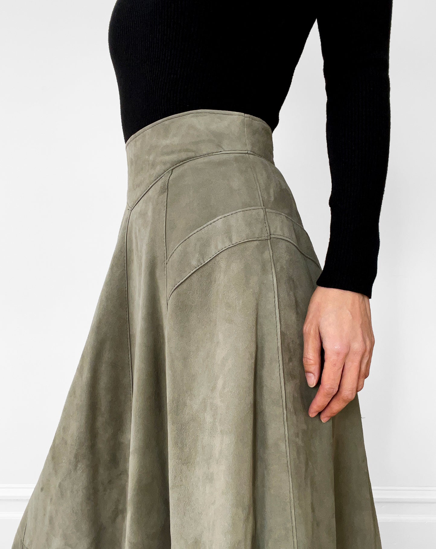 1980s Sage Green Faux-Suede Fit and Flare Skirt