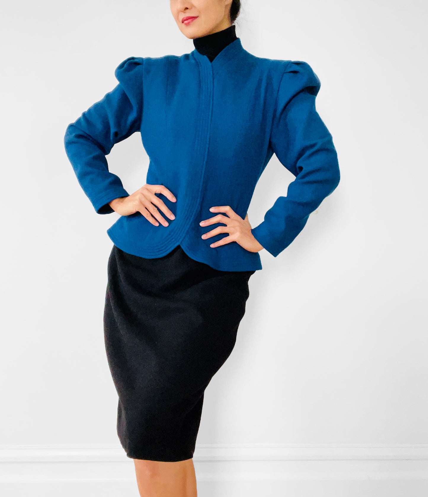 1980s Blue and Black Wool Two-Toned One-Piece Dress