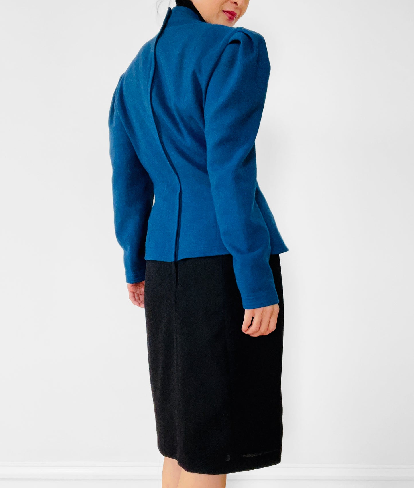 1980s Blue and Black Wool Two-Toned One-Piece Dress