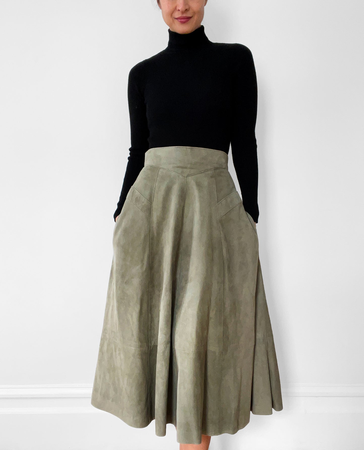 1980s Sage Green Faux-Suede Fit and Flare Skirt