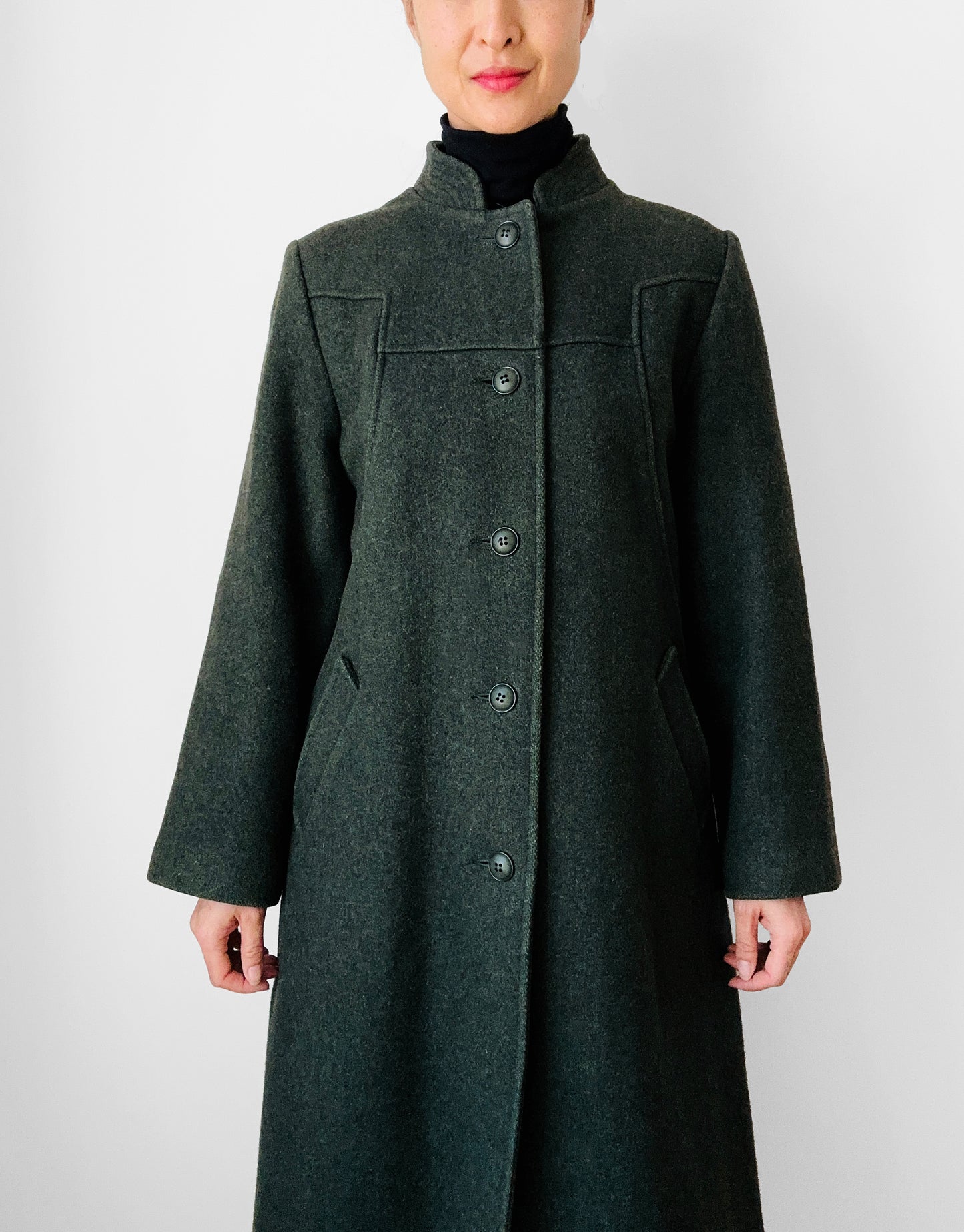 1960s Made in Canada Army Green Wool Blend Military Style Midi-Length A-Line Coat - Sz. S