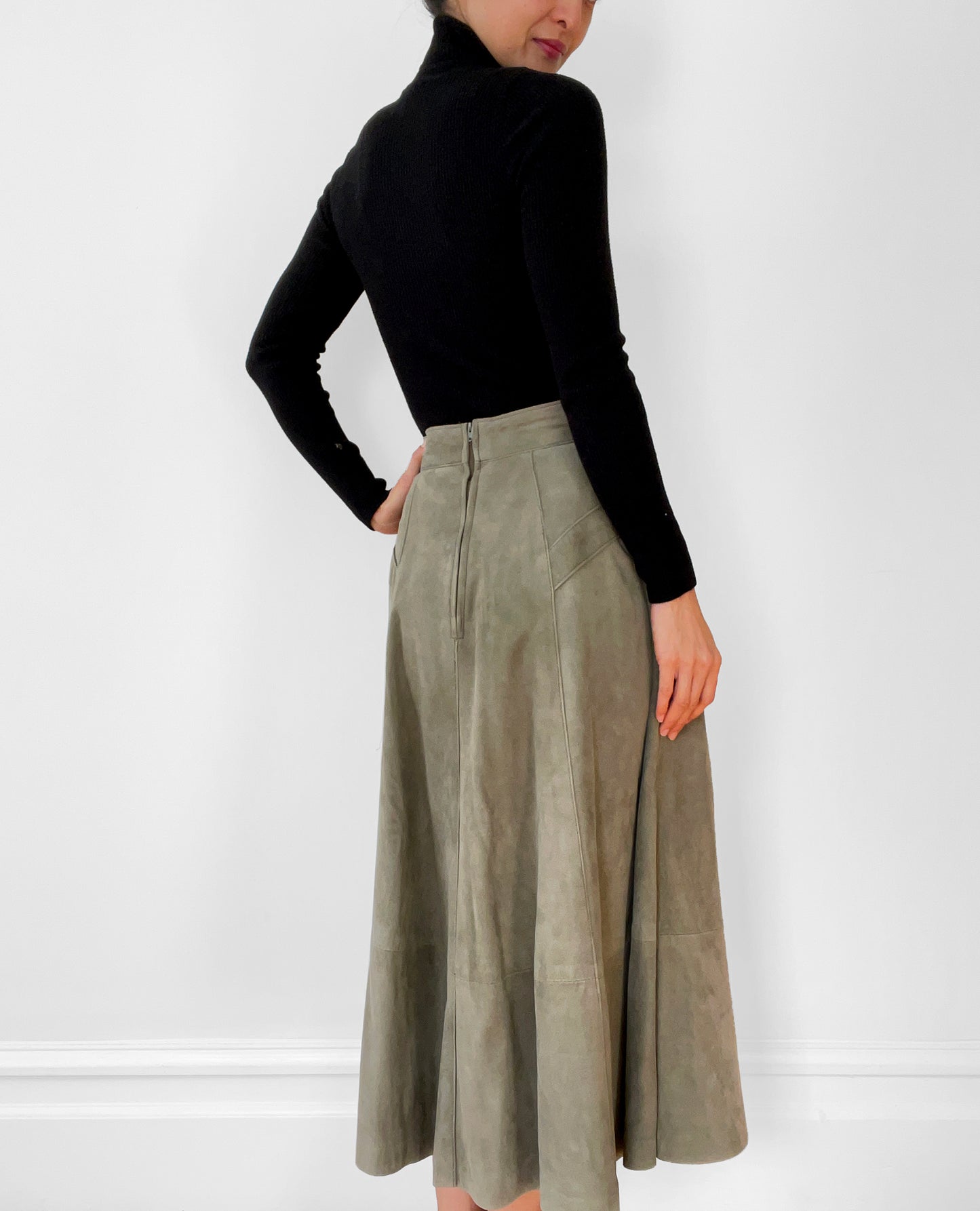 1980s Sage Green Faux-Suede Fit and Flare Skirt