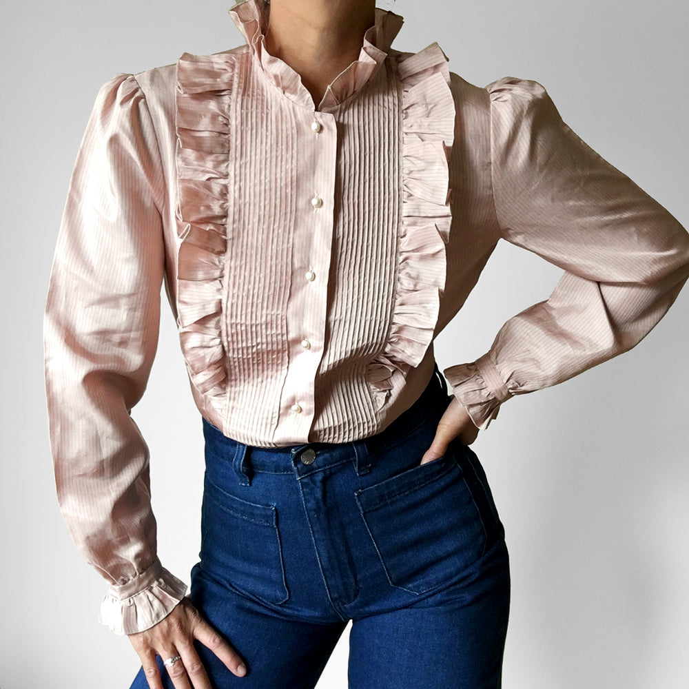 1970s Mauve Ruffle Button-Up Striped Mauve Blouse