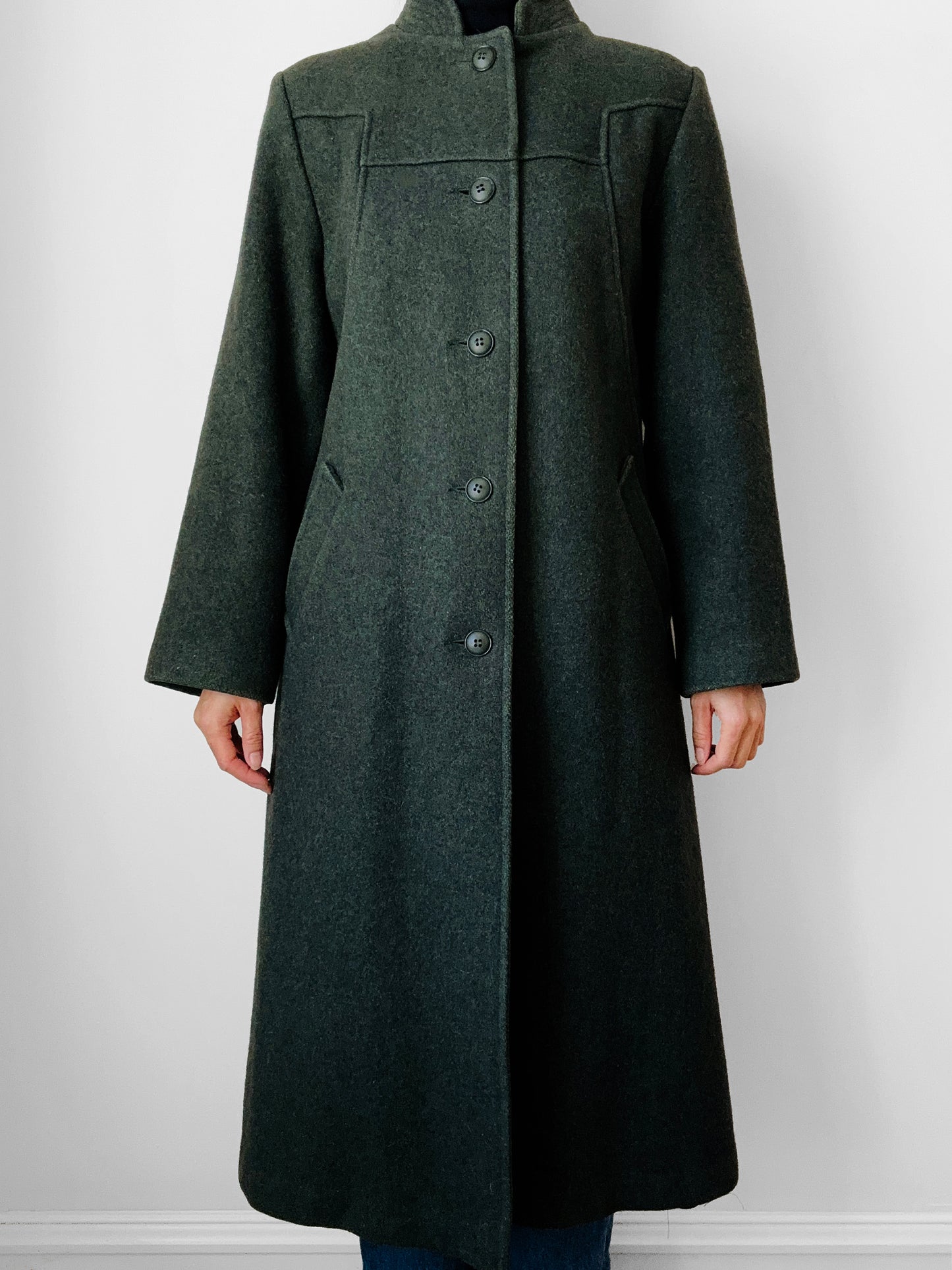 1960s Made in Canada Army Green Wool Blend Military Style Midi-Length A-Line Coat - Sz. S