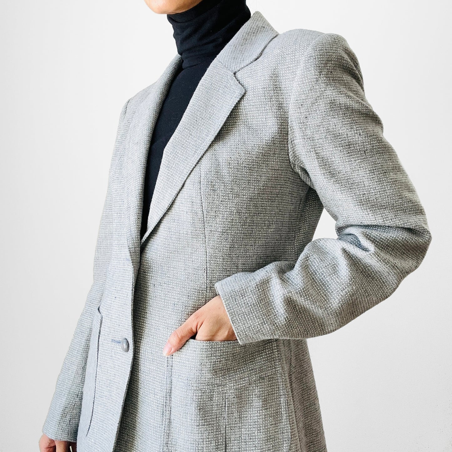 1970s Light Grey and White Wool Blend Tweed Fitted Tailored Blazer Jacket - Sz. S