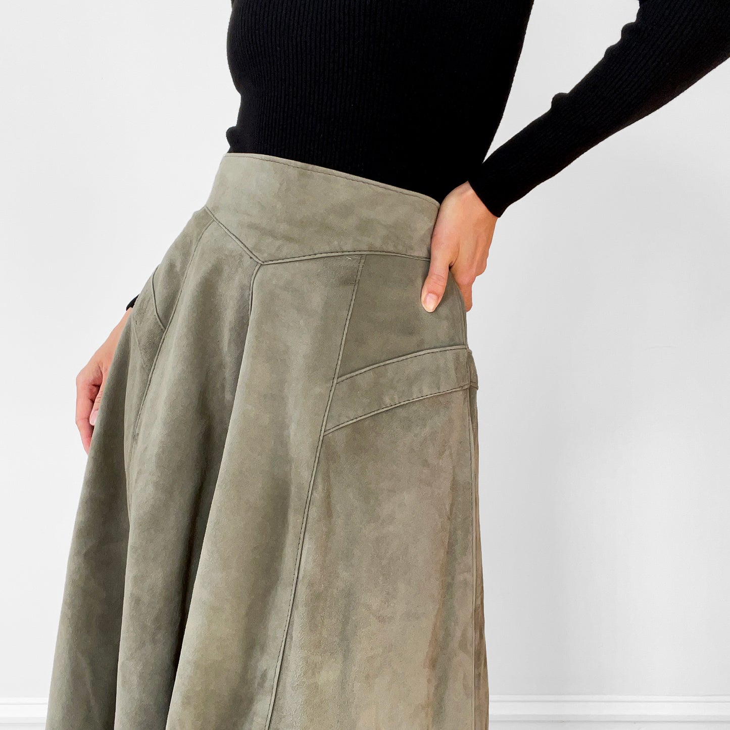 1980s Sage Green Faux-Suede Fit and Flare Skirt