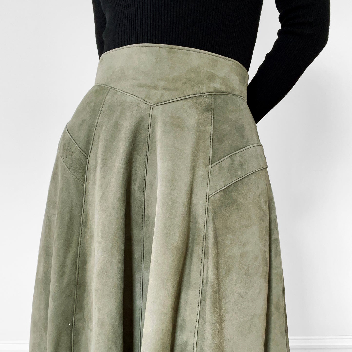 1980s Sage Green Faux-Suede Fit and Flare Skirt