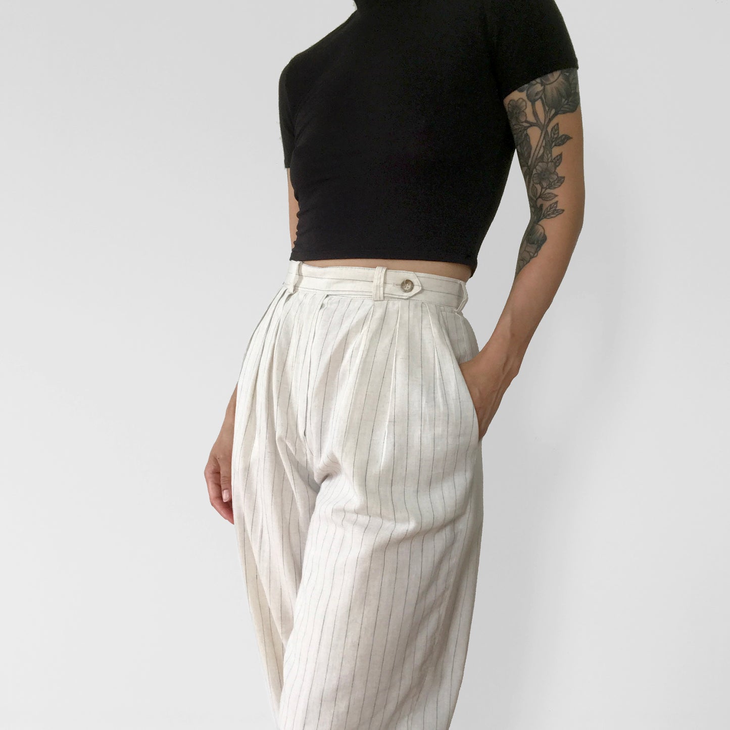 1980s Calvin Klein Cotton Linen High-Waisted Pleated Pinstripe Pants