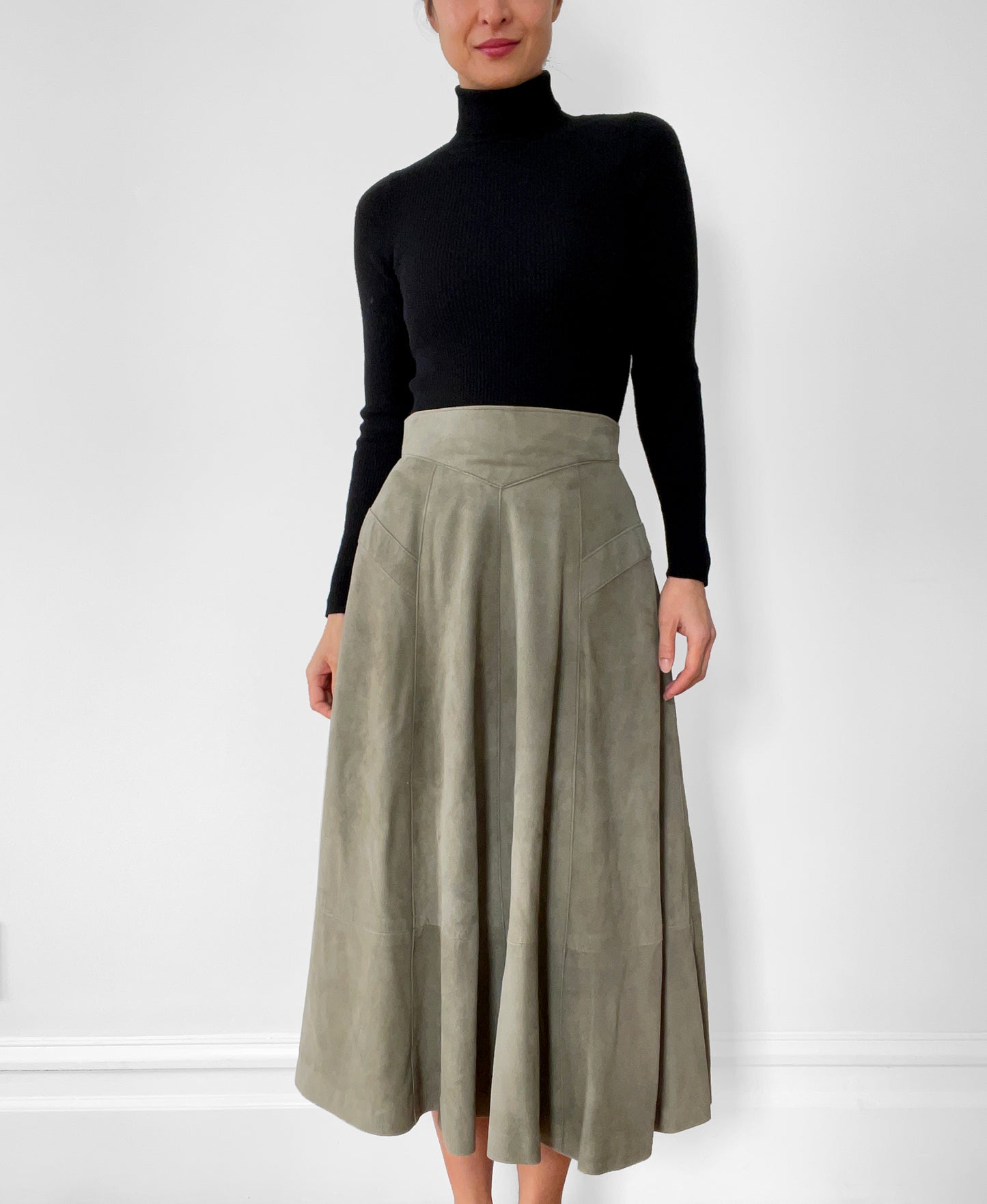 1980s Sage Green Faux-Suede Fit and Flare Skirt