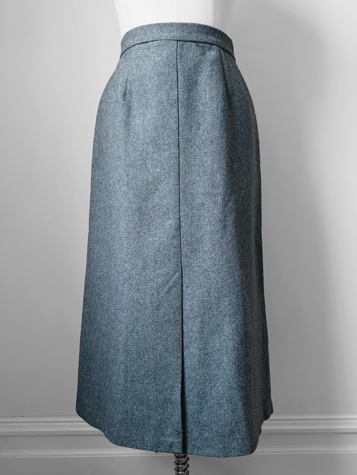 1960s Slate Blue Grey Split Front Midi Length Wool Tweed A-Line Skirt - Waist 25.5