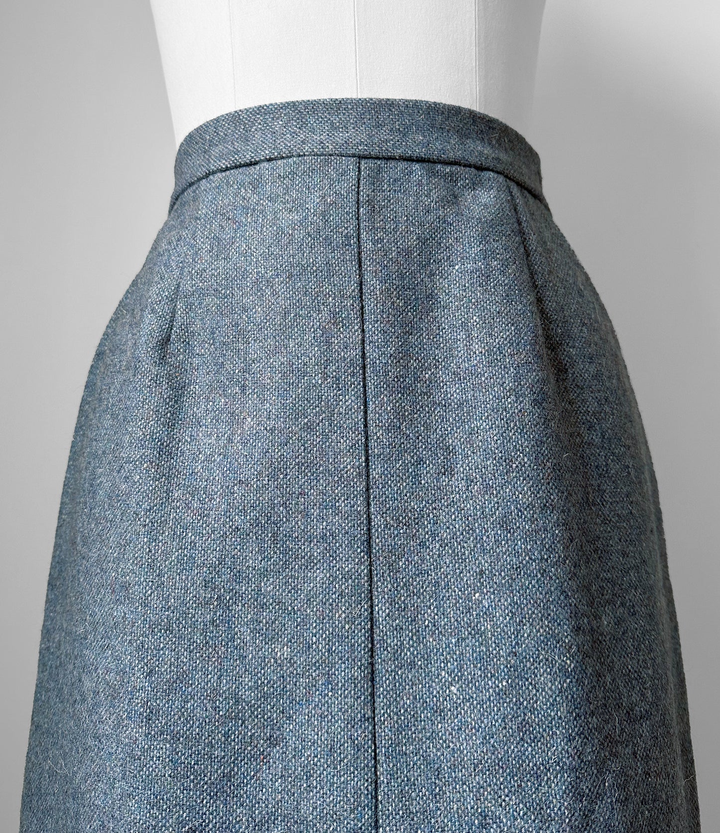 1960s Slate Blue Grey Split Front Midi Length Wool Tweed A-Line Skirt - Waist 25.5