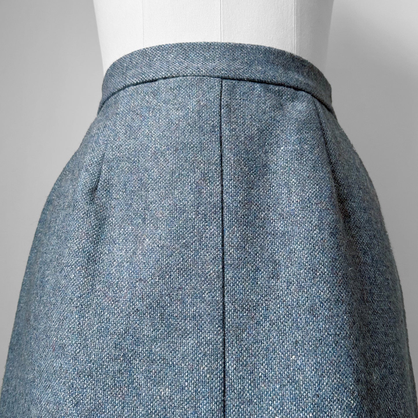 1960s Slate Blue Grey Split Front Midi Length Wool Tweed A-Line Skirt - Waist 25.5