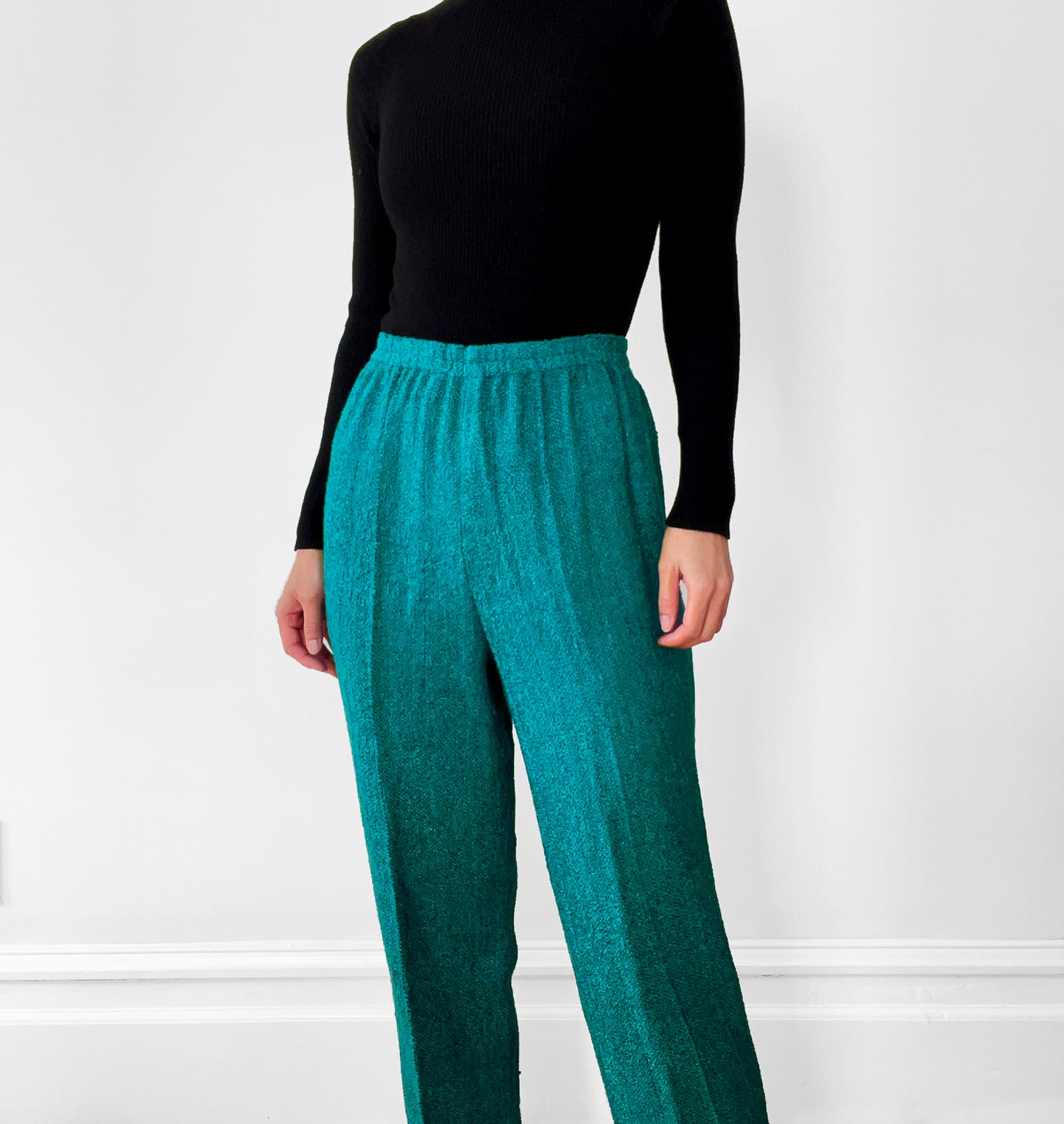 1970s-1980s Teal Knit Elastic-Waist Pants