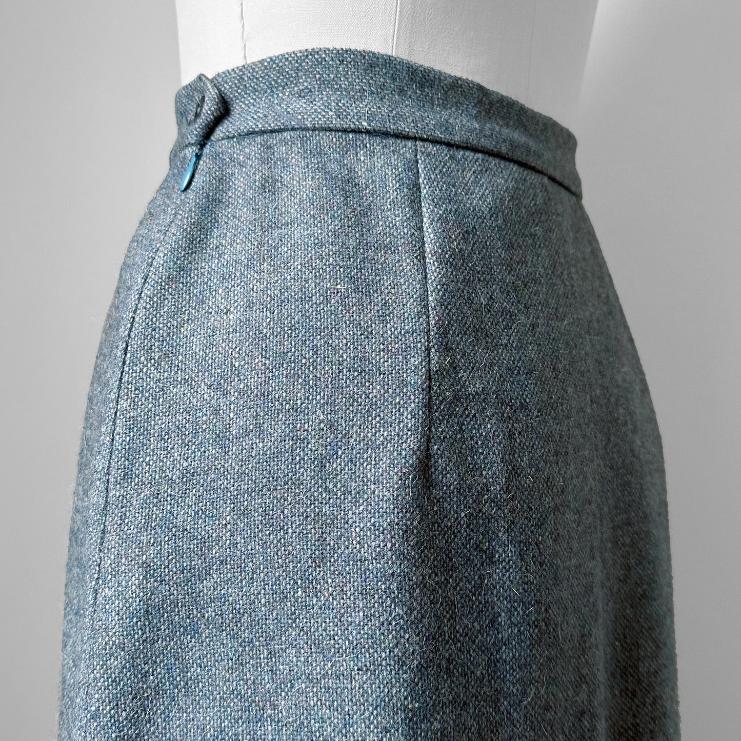 1960s Slate Blue Grey Split Front Midi Length Wool Tweed A-Line Skirt - Waist 25.5