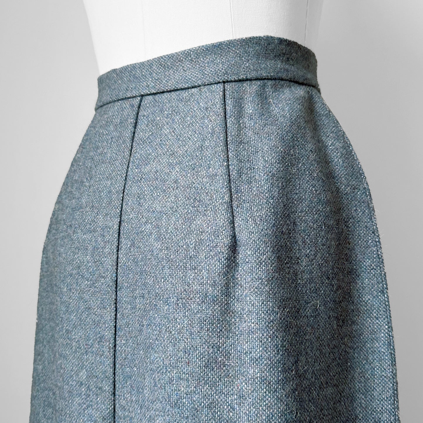 1960s Slate Blue Grey Split Front Midi Length Wool Tweed A-Line Skirt - Waist 25.5