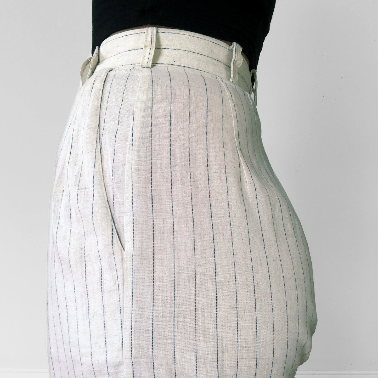 1980s Calvin Klein Cotton Linen High-Waisted Pleated Pinstripe Pants