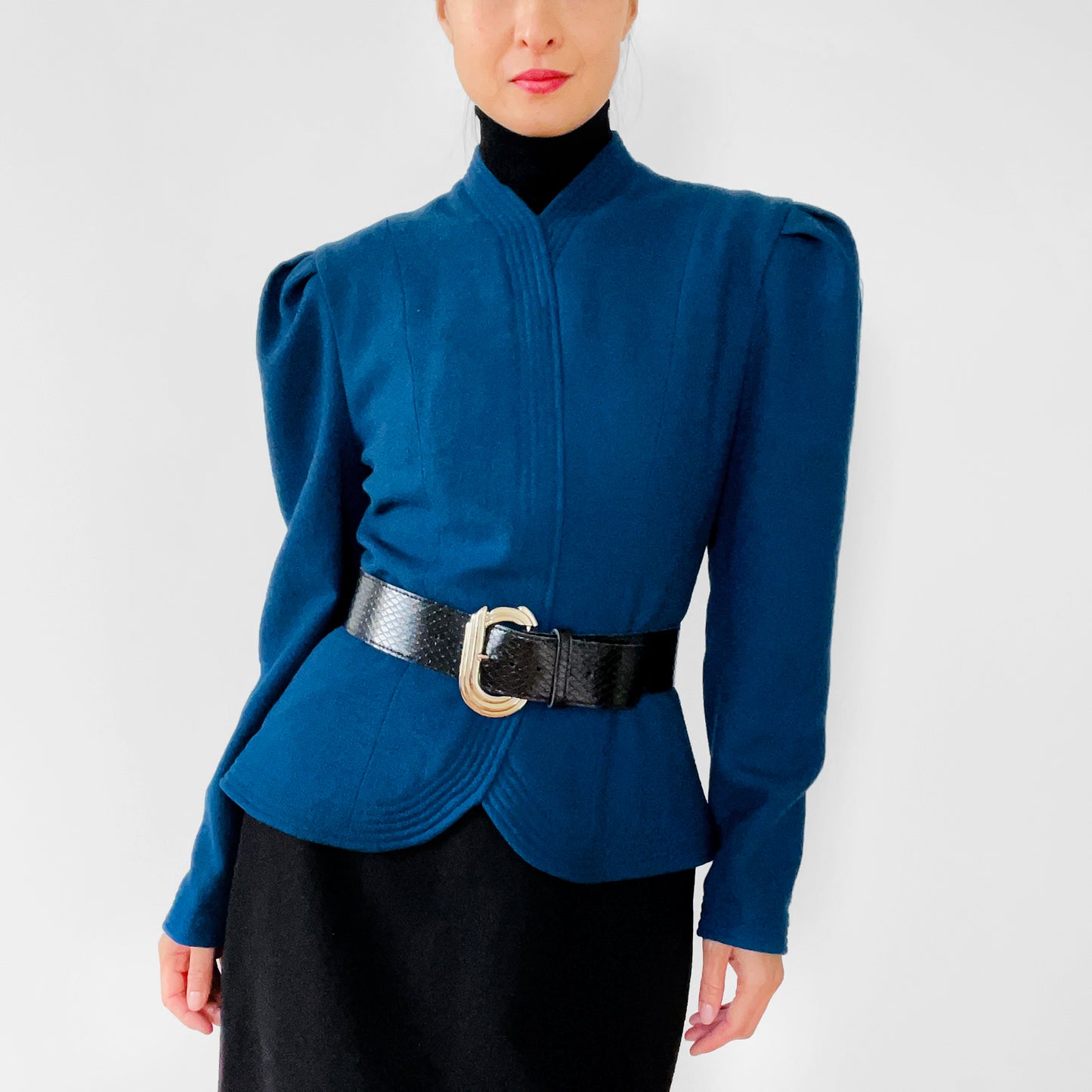 1980s Blue and Black Wool Two-Toned One-Piece Dress